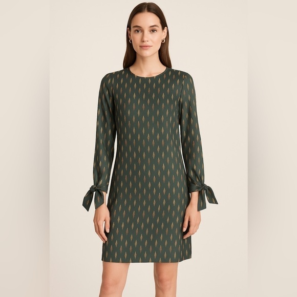 Banana Republic Dresses & Skirts - Banana Republic Green Gold Metallic Print Long Sleeve Tie Cuff Dress Size 2